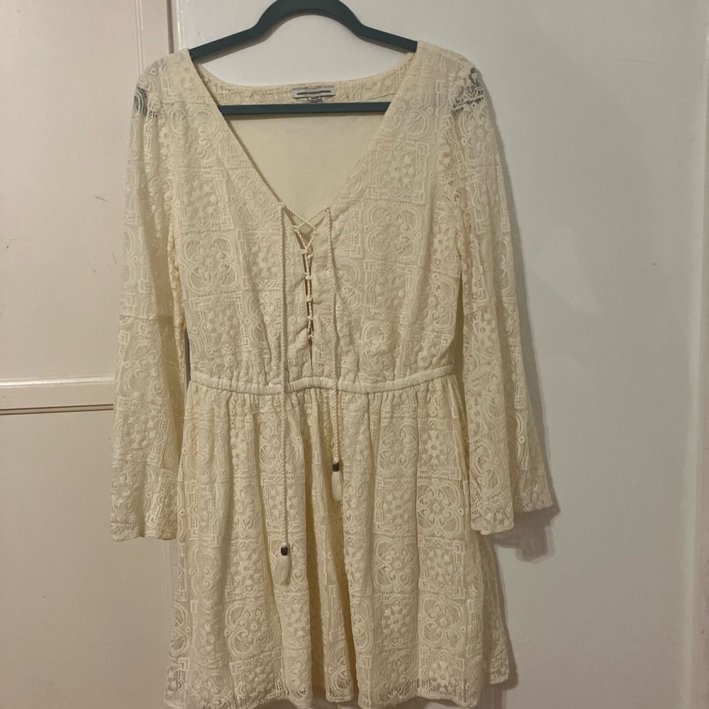 American Eagle Outfitters Elegant Cream Lace Dress Boho Bell Sleeve